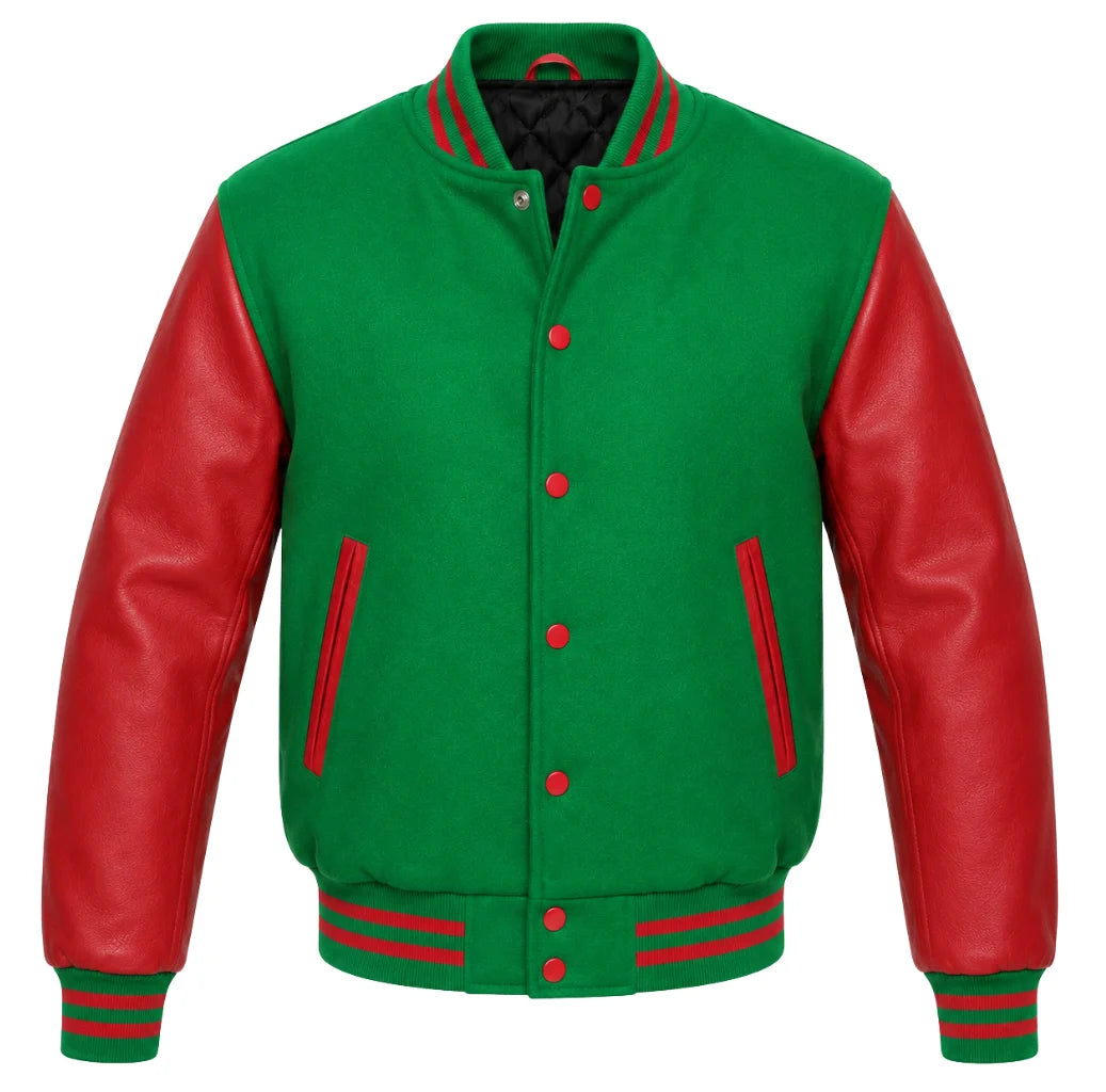Kelly green melton wool varsity jacket with red leather sleeves, front view