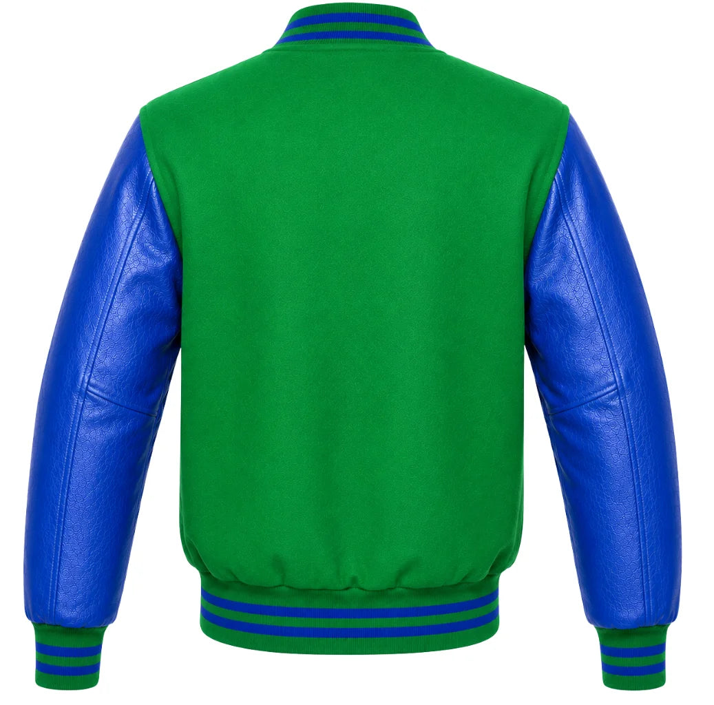 Kelly green wool varsity jacket with royal blue cowhide sleeves, back view