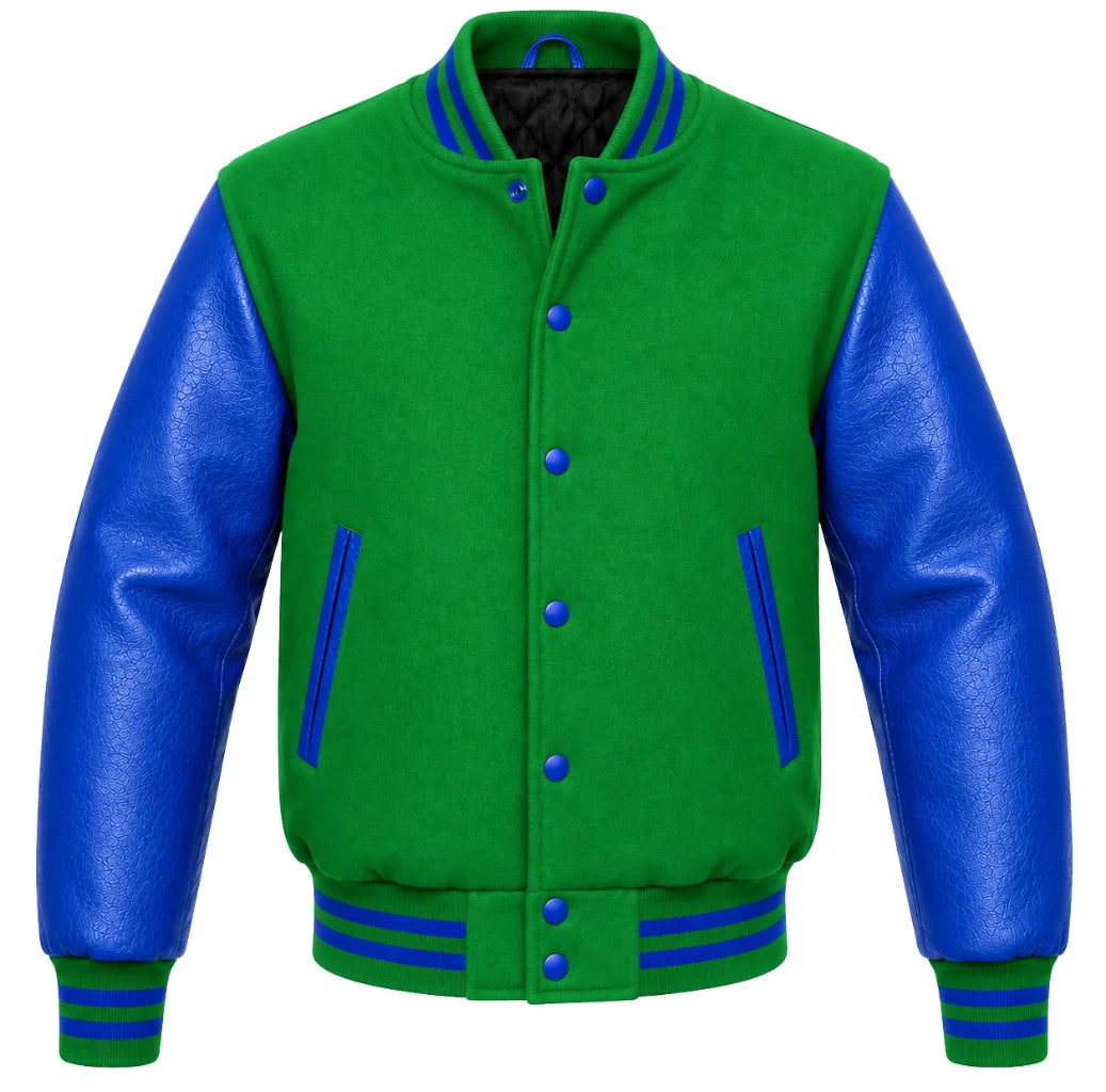 Kelly green melton wool varsity jacket with royal blue leather sleeves, front view