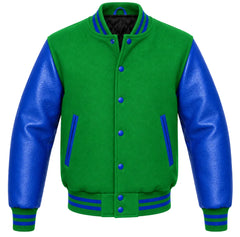 Kelly green melton wool varsity jacket with royal blue leather sleeves, front view