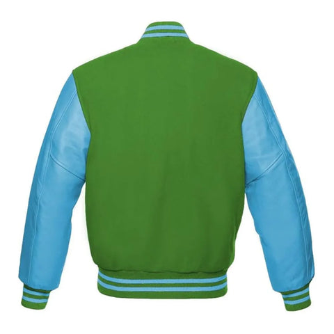 Kelly Green and Sky Blue Varsity Jacket with Wool Body and Leather Sleeves Back Side