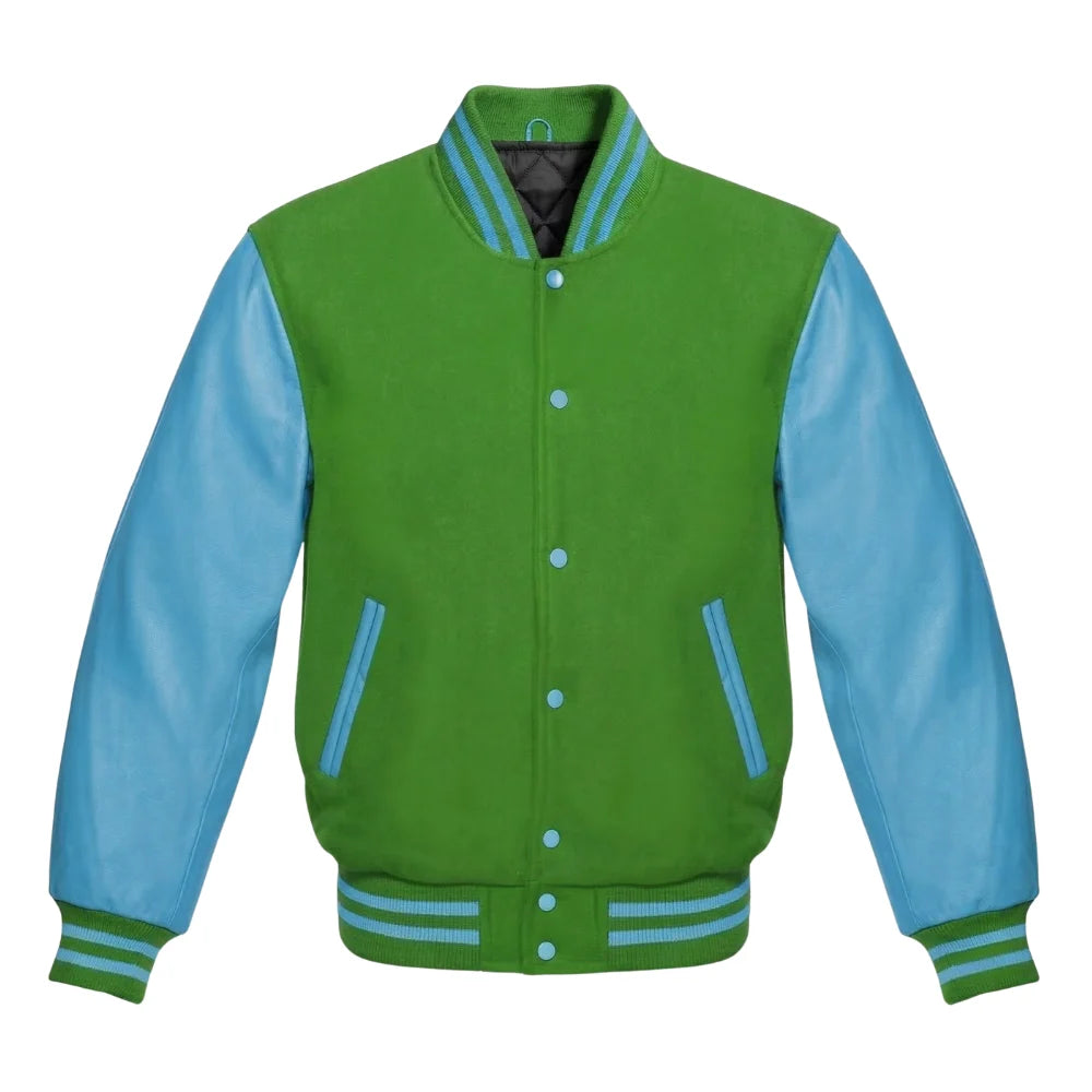 Kelly Green and Sky Blue Varsity Jacket with Wool Body and Leather Sleeves