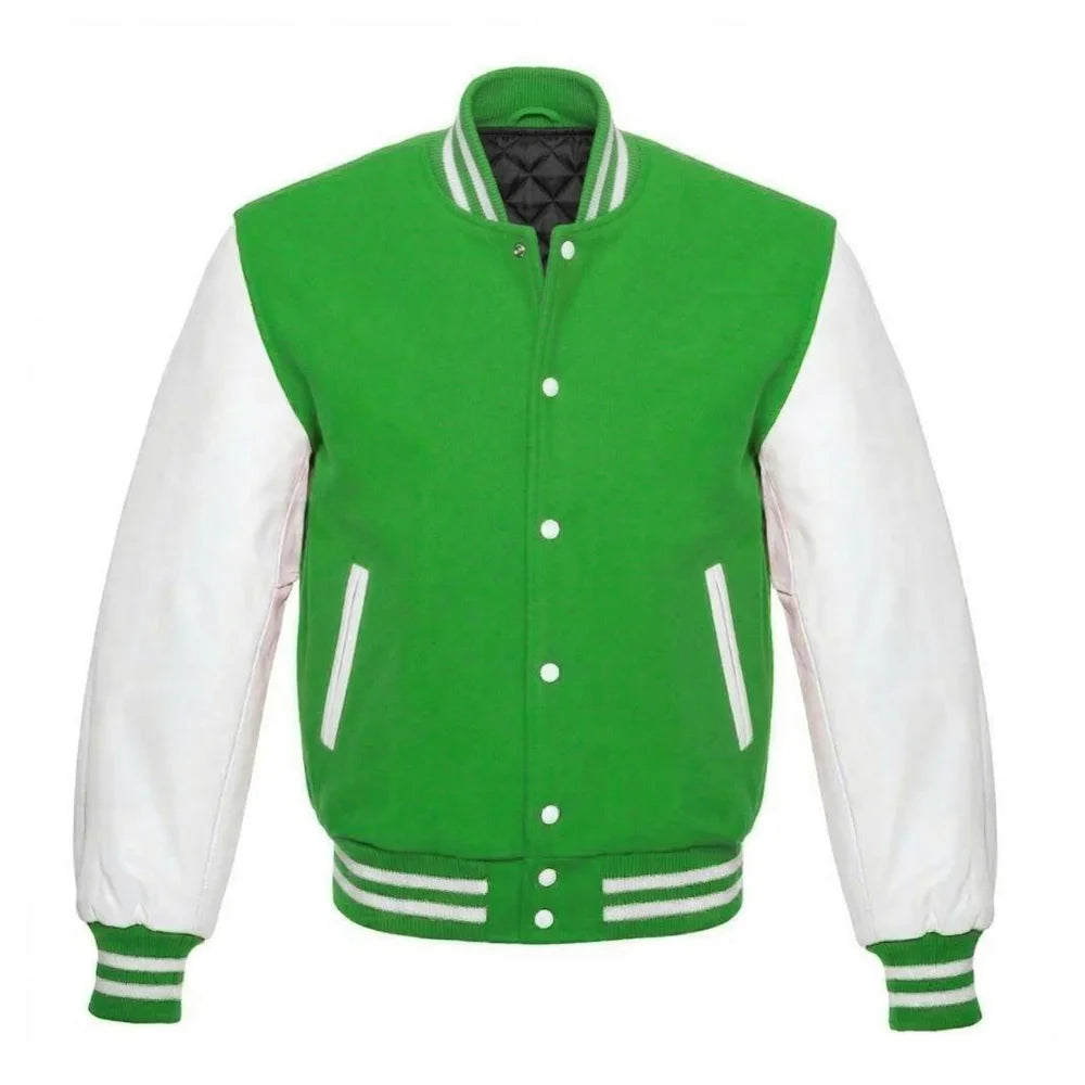 Kelly Green and White Varsity Jacket with Wool Body and Leather Sleeves