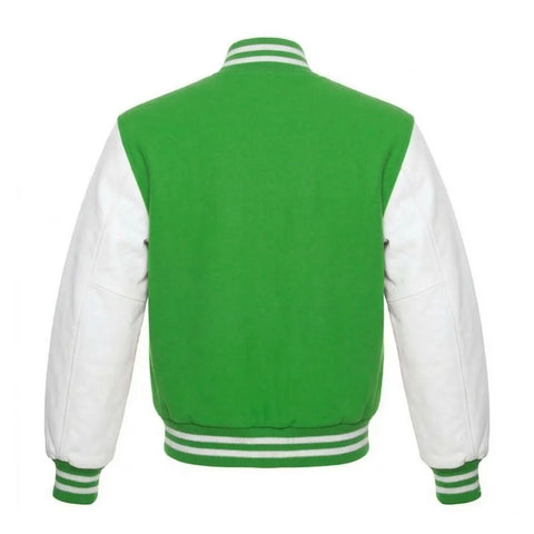 Kelly Green and White Varsity Jacket with Wool Body and Leather Sleeves Back Side