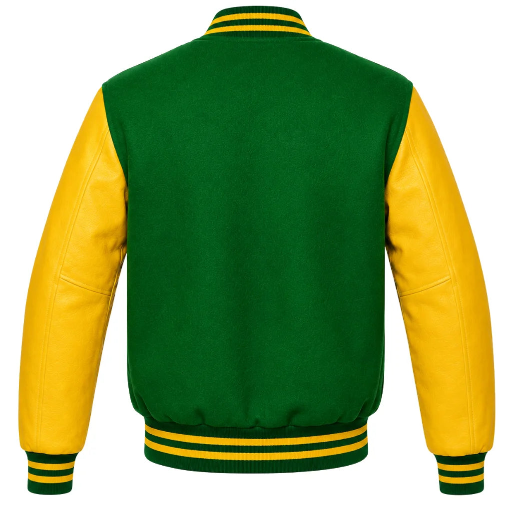 Yellow-sleeved kelly green wool varsity jacket, back view