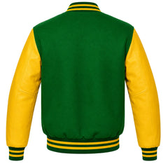 Yellow-sleeved kelly green wool varsity jacket, back view