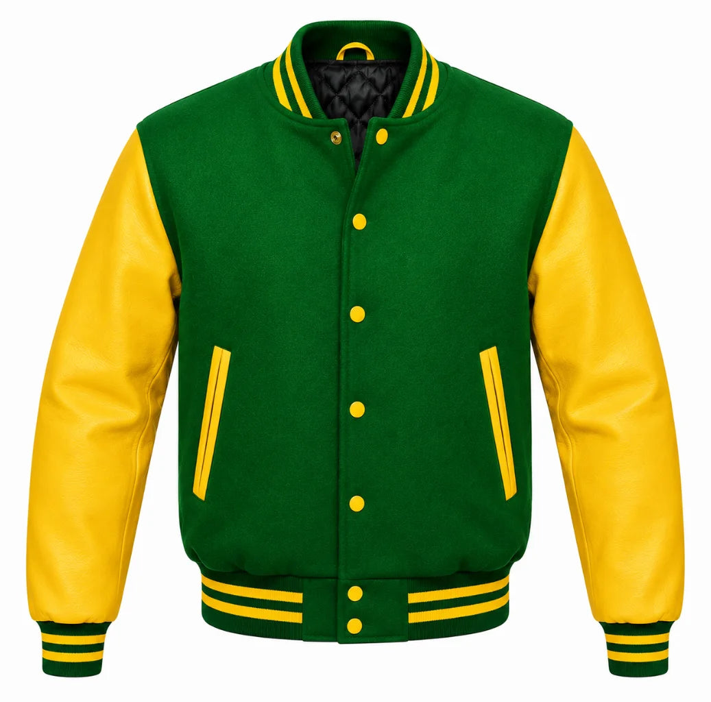 Kelly green melton wool varsity jacket with yellow cowhide leather sleeves, front view