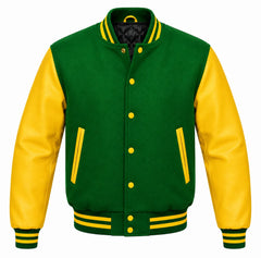 Kelly green melton wool varsity jacket with yellow cowhide leather sleeves, front view