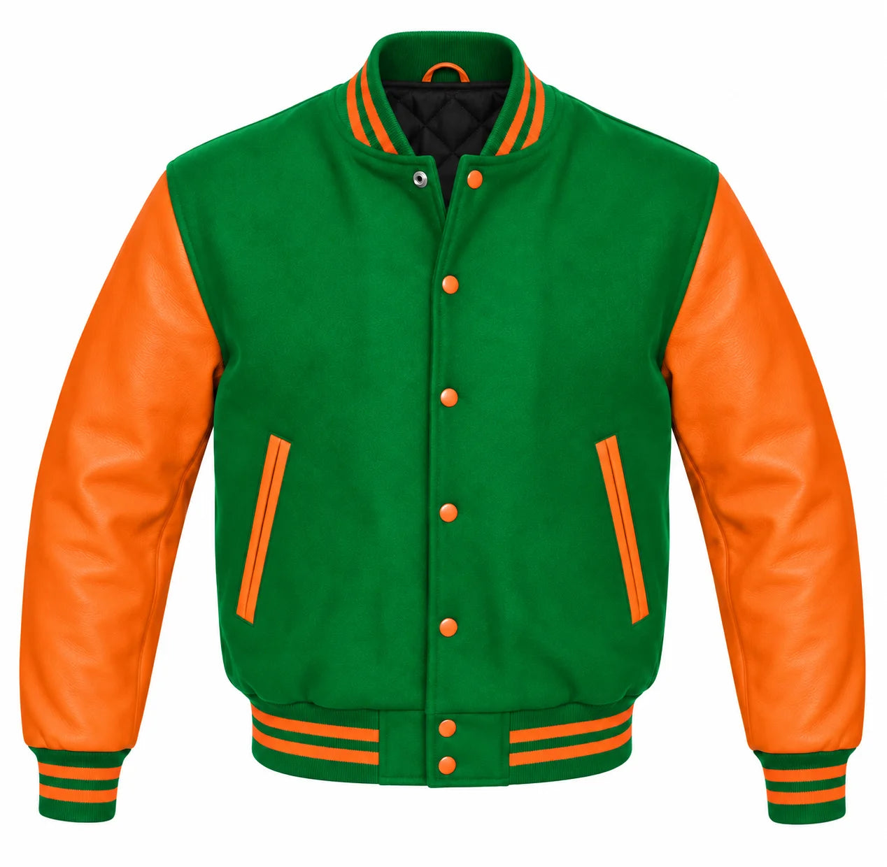 Kelly Green and Orange Varsity Jacket with Wool Body and Leather Sleeves