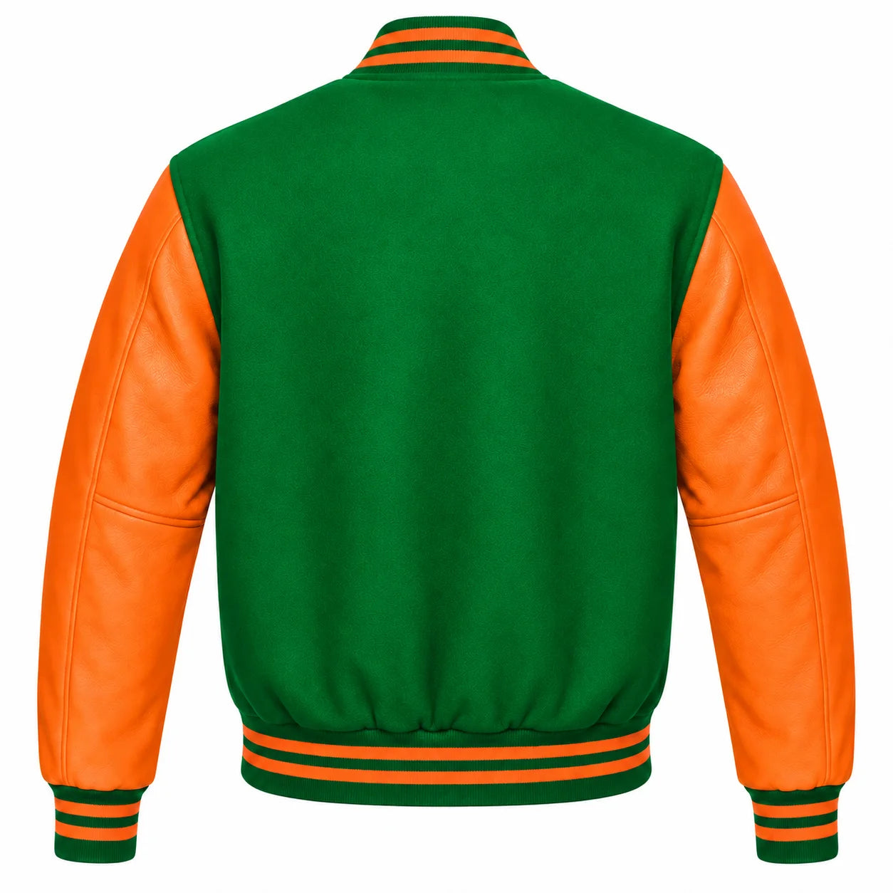 Kelly Green and Orange Varsity Jacket with Wool Body and Leather Sleeves Back View