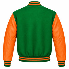Kelly Green and Orange Varsity Jacket with Wool Body and Leather Sleeves Back View