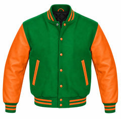 Kelly Green and Orange Varsity Jacket with Wool Body and Leather Sleeves