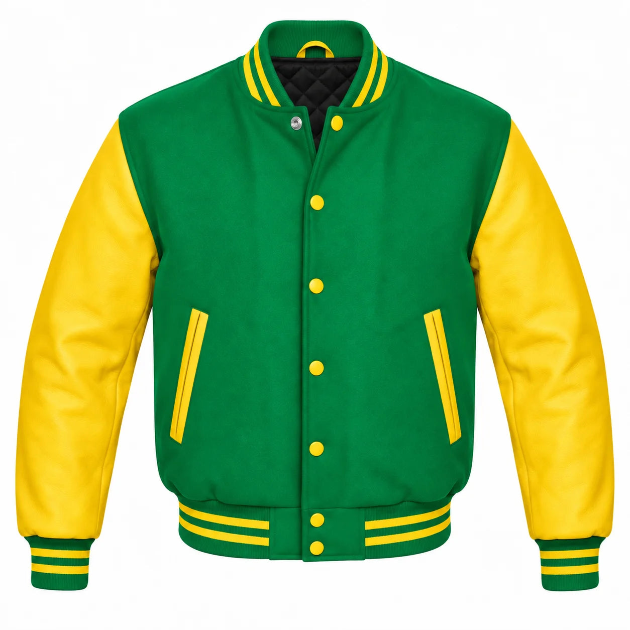 Kelly Green and Yellow Varsity Jacket with Wool Body and Leather Sleeves