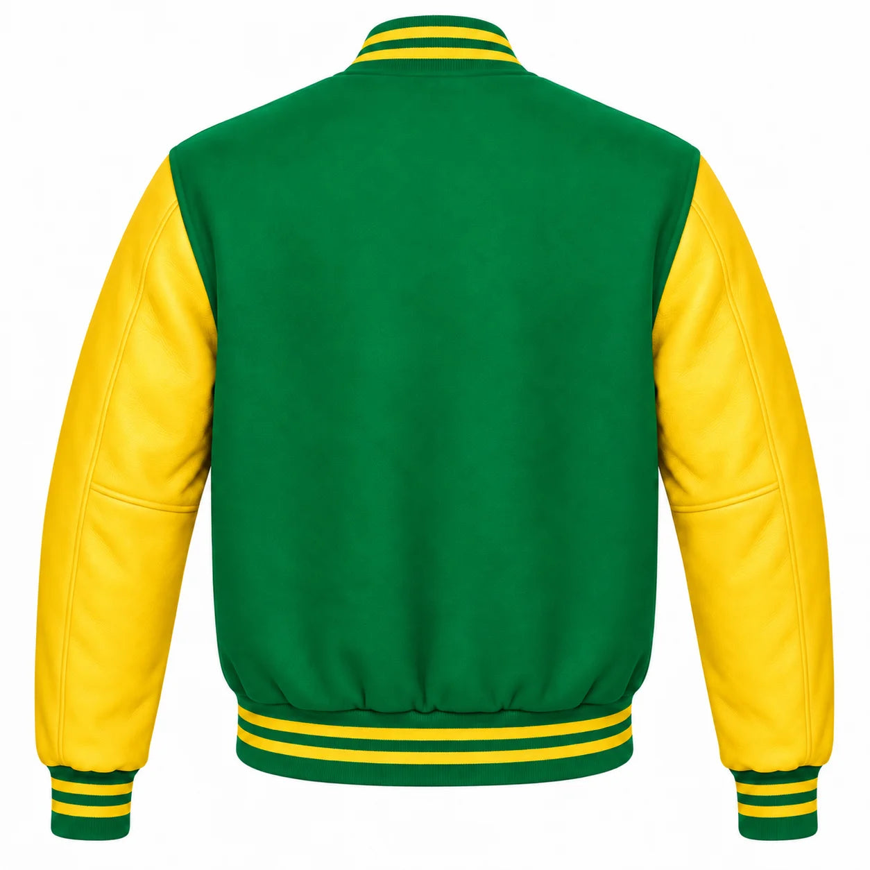 Kelly Green and Yellow Varsity Jacket with Wool Body and Leather Sleeves Back View