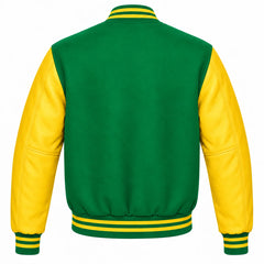 Kelly Green and Yellow Varsity Jacket with Wool Body and Leather Sleeves Back View