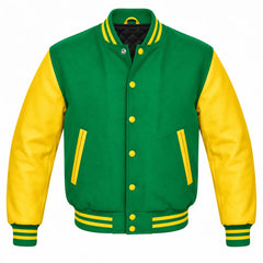 Kelly Green and Yellow Varsity Jacket with Wool Body and Leather Sleeves