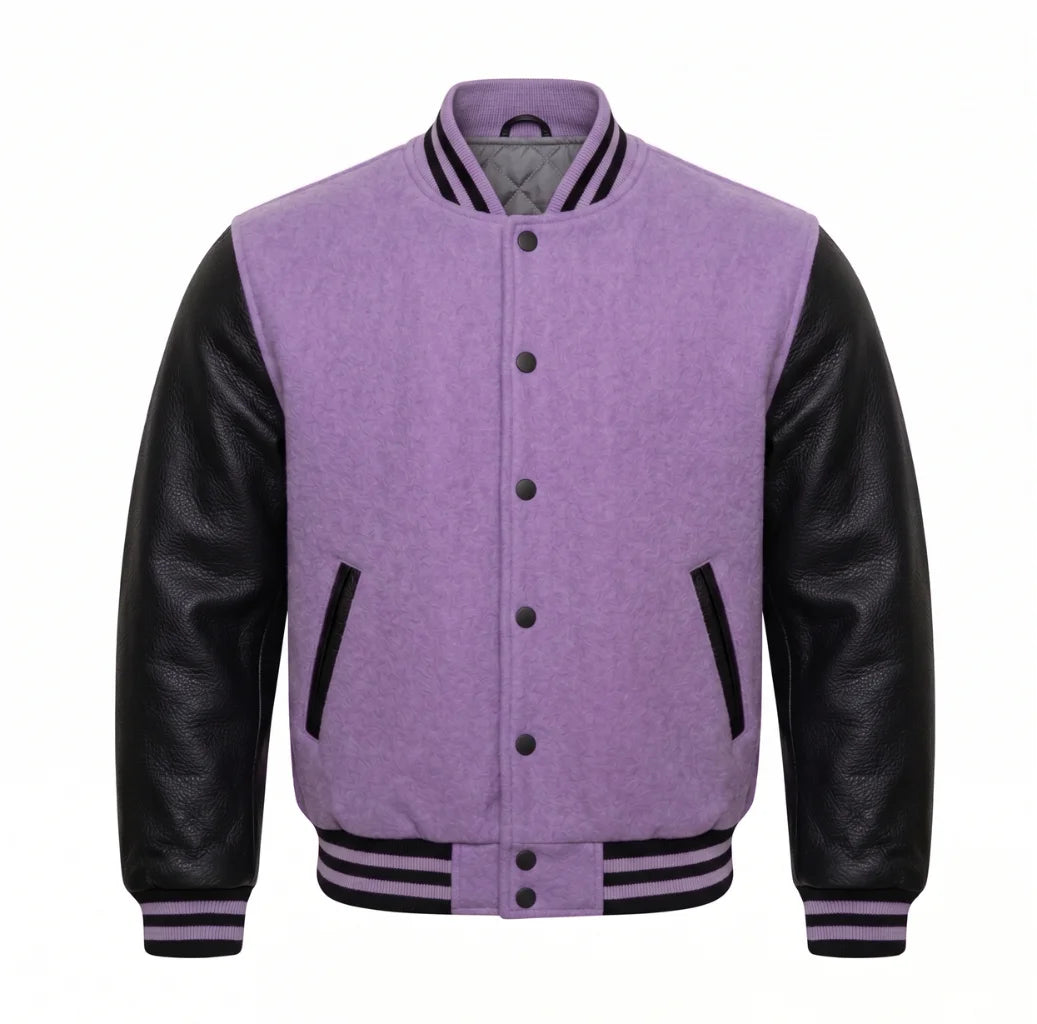 Lavender and Black Varsity Jacket with Wool Body and Leather Sleeves