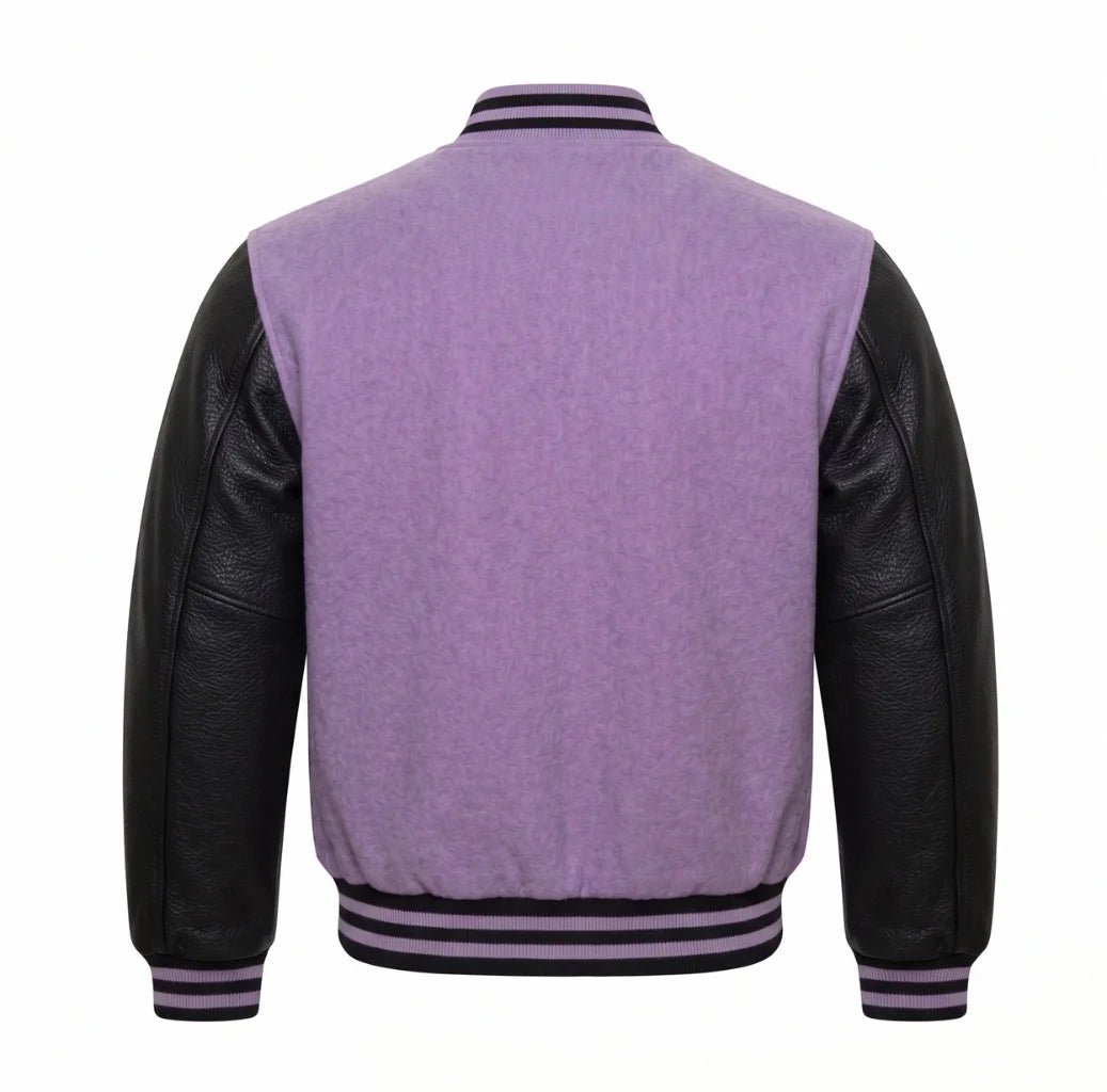 Lavender and Black Varsity Jacket with Wool Body and Leather Sleeves Back View