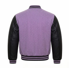 Lavender and Black Varsity Jacket with Wool Body and Leather Sleeves Back View