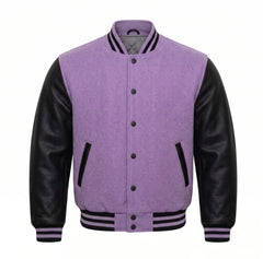 Lavender and Black Varsity Jacket with Wool Body and Leather Sleeves
