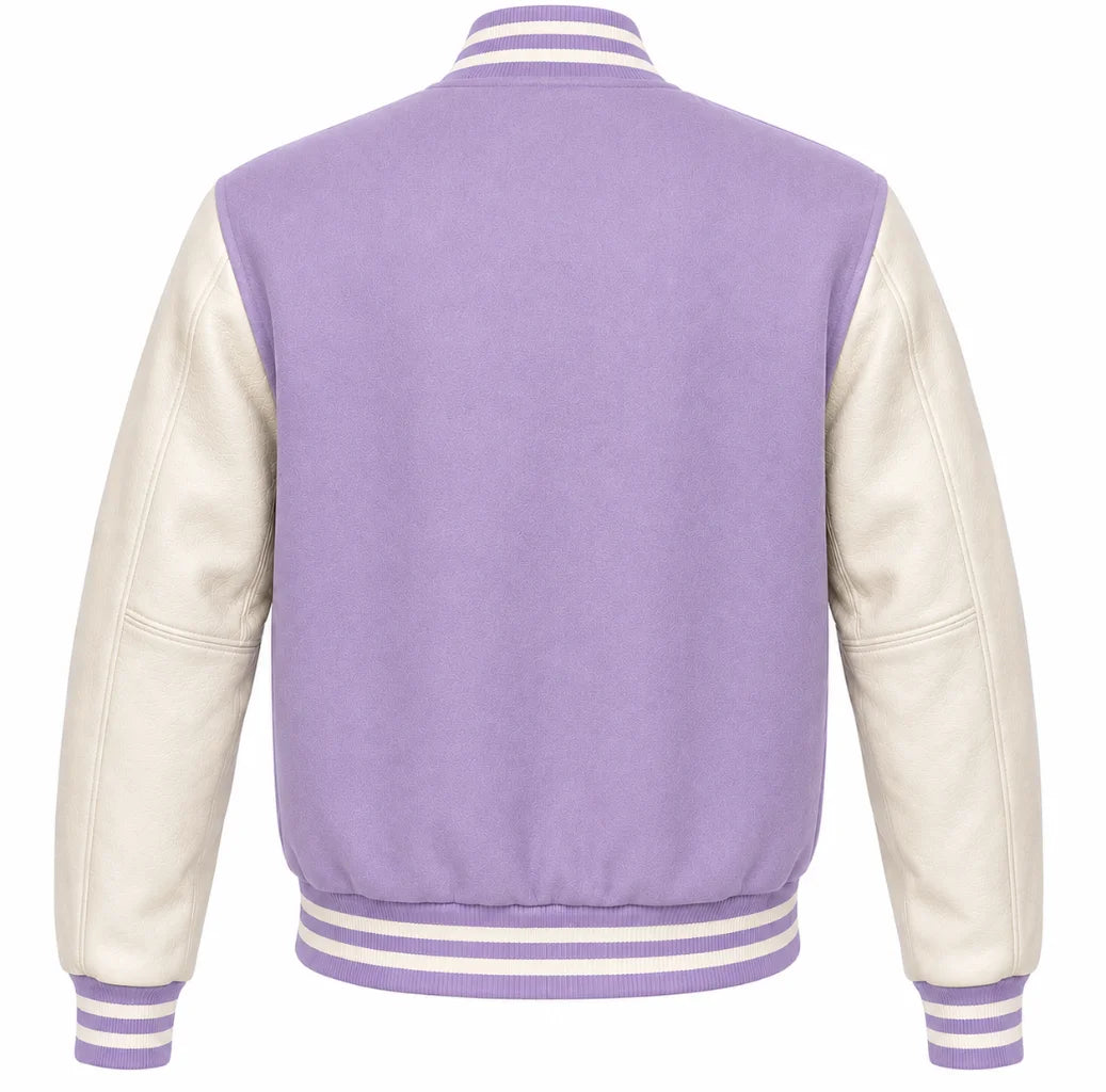 Lavender wool letterman jacket, cream cowhide sleeves, back view