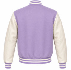 Lavender wool letterman jacket, cream cowhide sleeves, back view