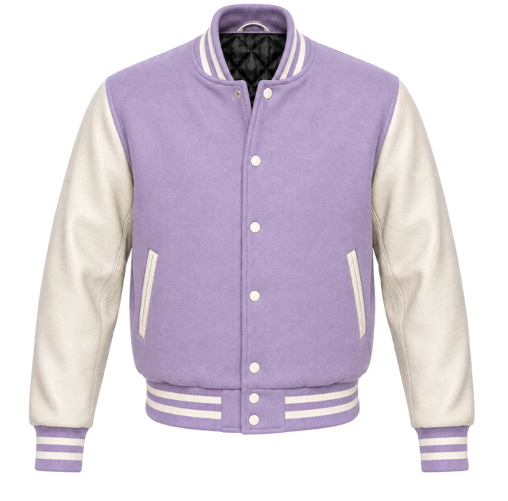 Lavender melton wool letterman jacket with cream leather sleeves, front view