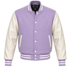 Lavender melton wool letterman jacket with cream leather sleeves, front view