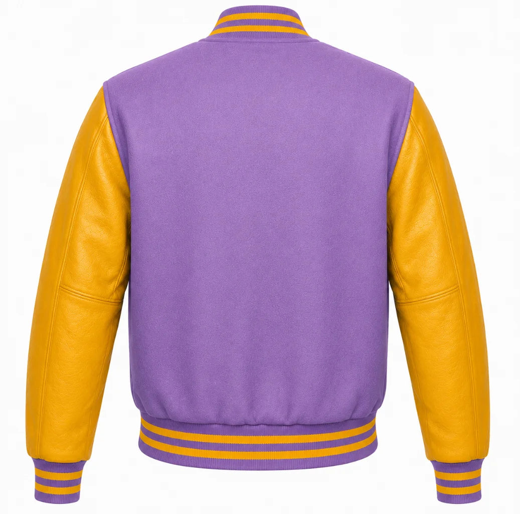 Lavender wool varsity jacket with gold leather sleeves, back view