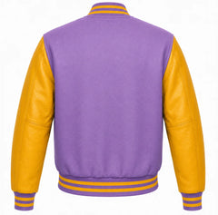 Lavender wool varsity jacket with gold leather sleeves, back view