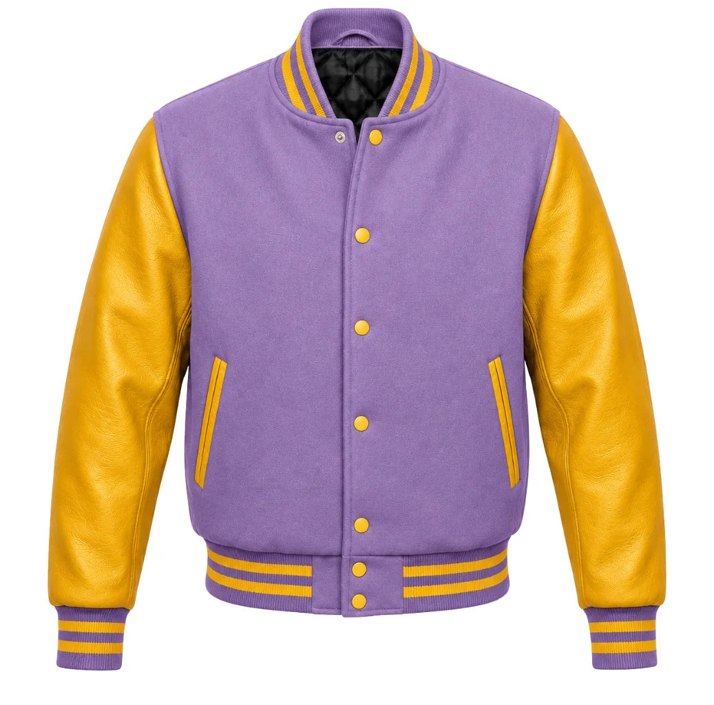 Lavender melton wool varsity jacket with gold cowhide sleeves, front view
