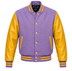 Lavender melton wool varsity jacket with gold cowhide sleeves, front view