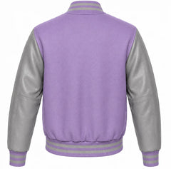Lavender wool varsity jacket with grey cowhide sleeves, back view