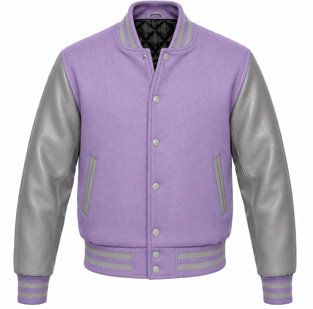 Lavender melton wool varsity jacket with grey leather sleeves, front view