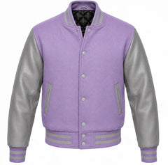 Lavender melton wool varsity jacket with grey leather sleeves, front view
