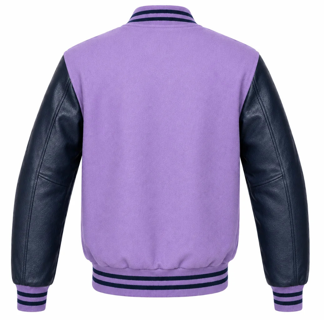 Lavender wool varsity jacket, navy blue cowhide sleeves, back view