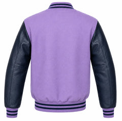 Lavender wool varsity jacket, navy blue cowhide sleeves, back view