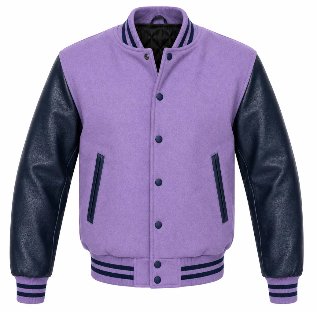 Lavender melton wool varsity jacket with navy blue leather sleeves, front view