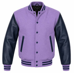 Lavender melton wool varsity jacket with navy blue leather sleeves, front view