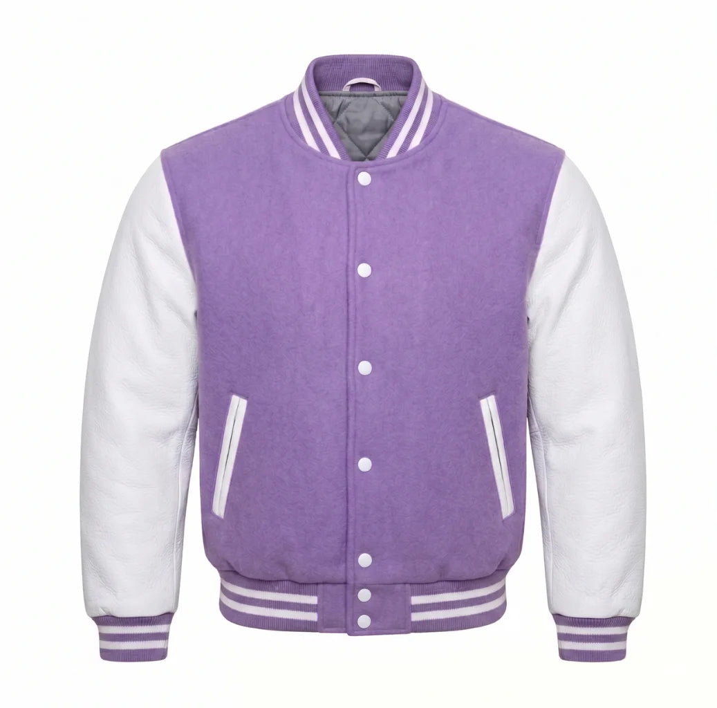Lavender and White Varsity Jacket with Wool Body and Leather Sleeves