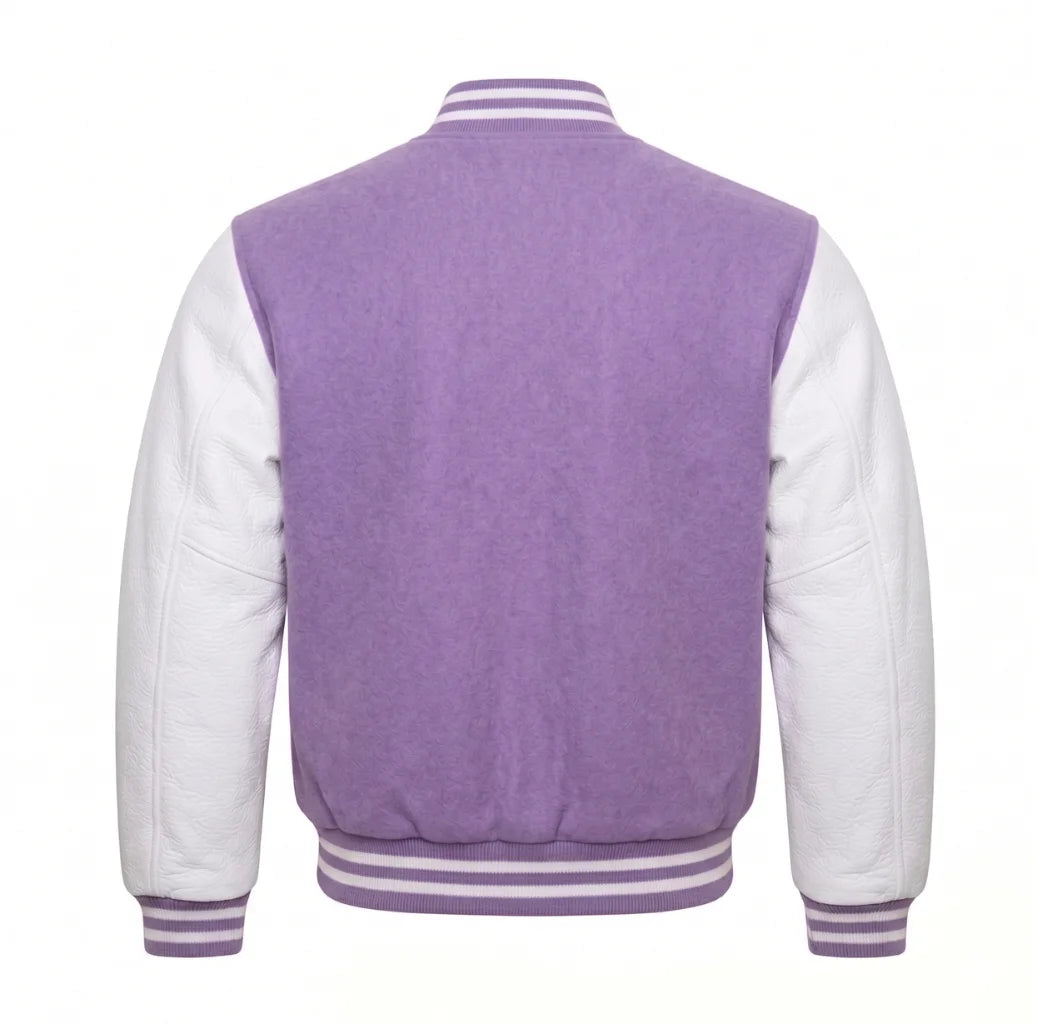 Lavender and White Varsity Jacket with Wool Body and Leather Sleeves Back View