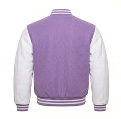 Lavender and White Varsity Jacket with Wool Body and Leather Sleeves Back View
