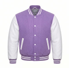 Lavender and White Varsity Jacket with Wool Body and Leather Sleeves