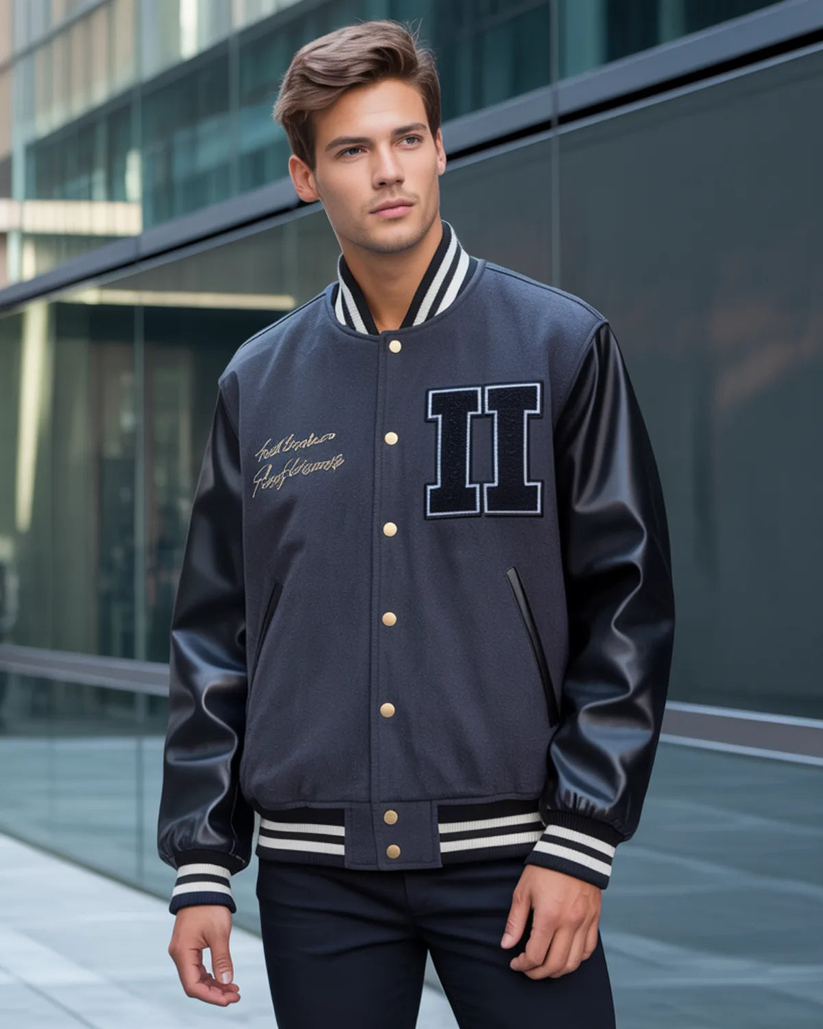Man wearing a navy varsity jacket with white lettering and accents, standing in front of a modern building.