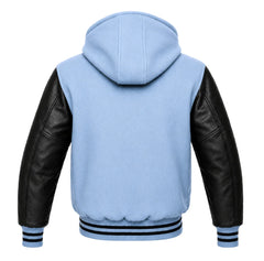 Light Blue and Black Hooded Letterman Jacket