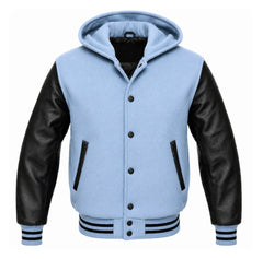 Light Blue and Black Hooded Letterman Jacket