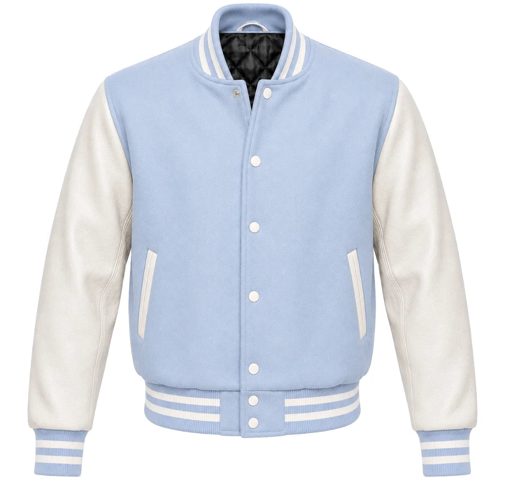 Light blue melton wool varsity jacket with cream cowhide sleeves, front view