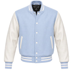 Light blue melton wool varsity jacket with cream cowhide sleeves, front view