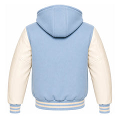 Light Blue and Cream Varsity Jacket with Hood