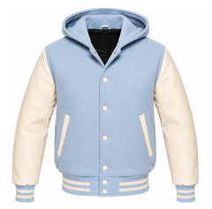 Light Blue and Cream Varsity Jacket with Hood